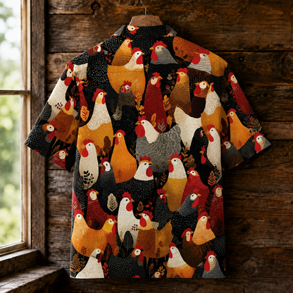 Chicken Hawaiian Shirt - Folk Art Rooster & Hen Button-Up Shirt