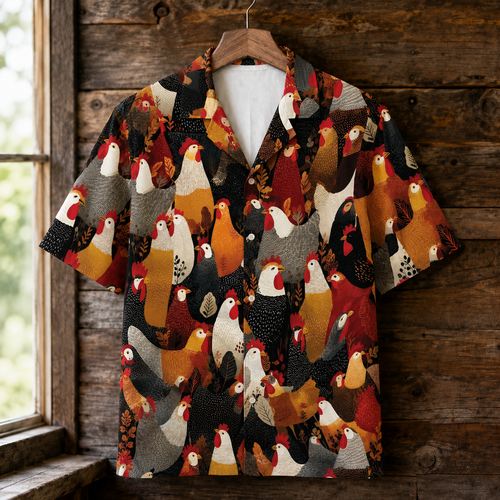 Chicken Hawaiian Shirt - Folk Art Rooster & Hen Button-Up Shirt
