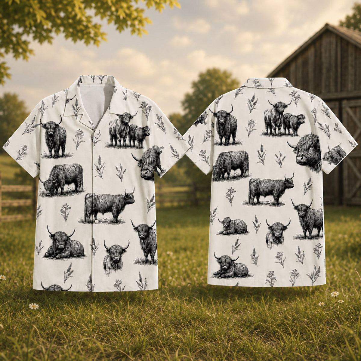 Highland Cow Vintage Sketch Hawaiian Shirt