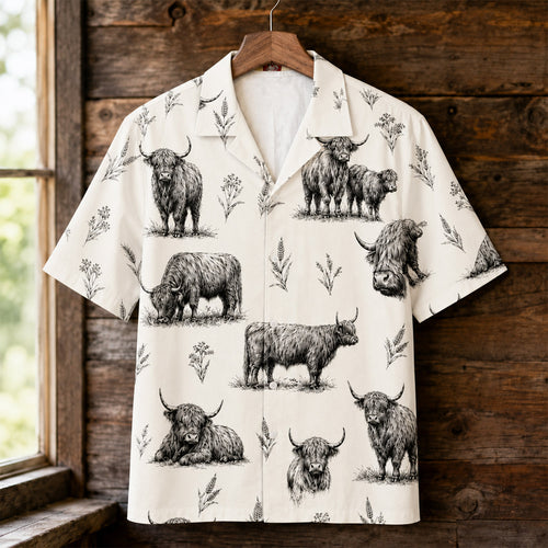 Highland Cow Vintage Sketch Hawaiian Shirt
