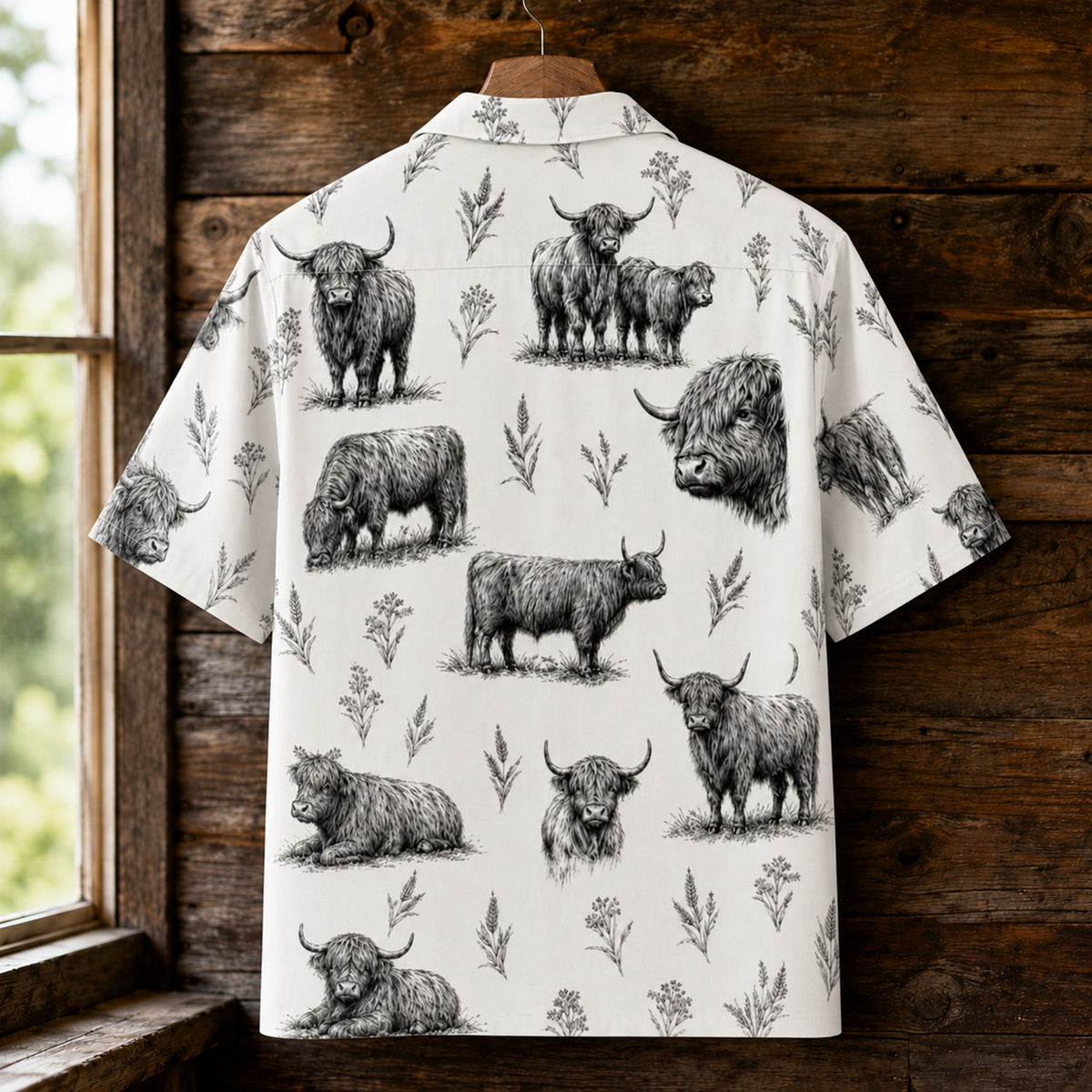 Highland Cow Vintage Sketch Hawaiian Shirt