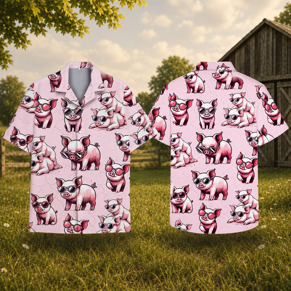 Pig Hawaiian Shirt - Funny Pink Pigs in Sunglasses Button-Up Shirt