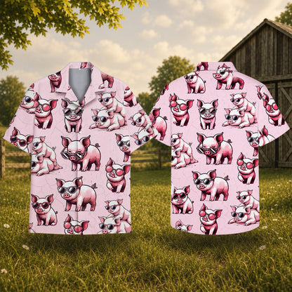 Pig Hawaiian Shirt - Funny Pink Pigs in Sunglasses Button-Up Shirt