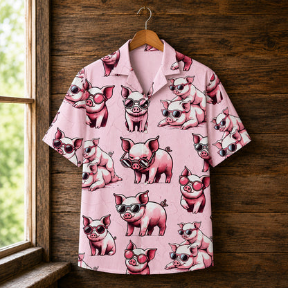 Pig Hawaiian Shirt - Funny Pink Pigs in Sunglasses Button-Up Shirt