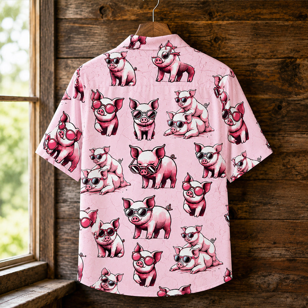 Pig Hawaiian Shirt - Funny Pink Pigs in Sunglasses Button-Up Shirt