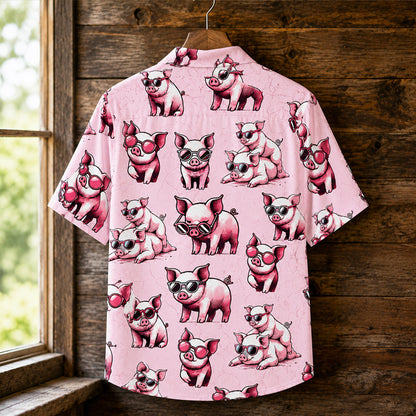 Pig Hawaiian Shirt - Funny Pink Pigs in Sunglasses Button-Up Shirt