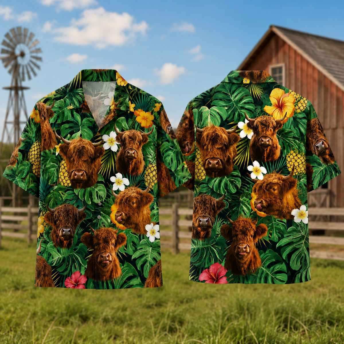 Highland Cow Hawaiian Shirt - Tropical Aloha Button-Up Shirt