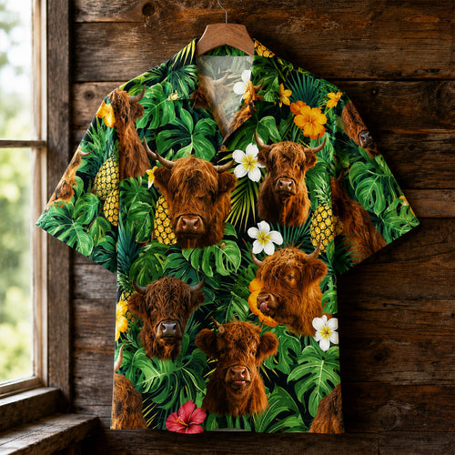 Highland Cow Hawaiian Shirt - Tropical Aloha Button-Up Shirt