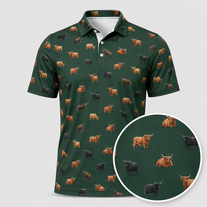 Highland Cow Polo Shirt - Performance Golf Polo with All 4 Coat Colors