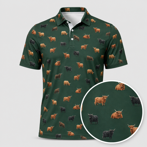 Highland Cow Polo Shirt - Performance Golf Polo with All 4 Coat Colors