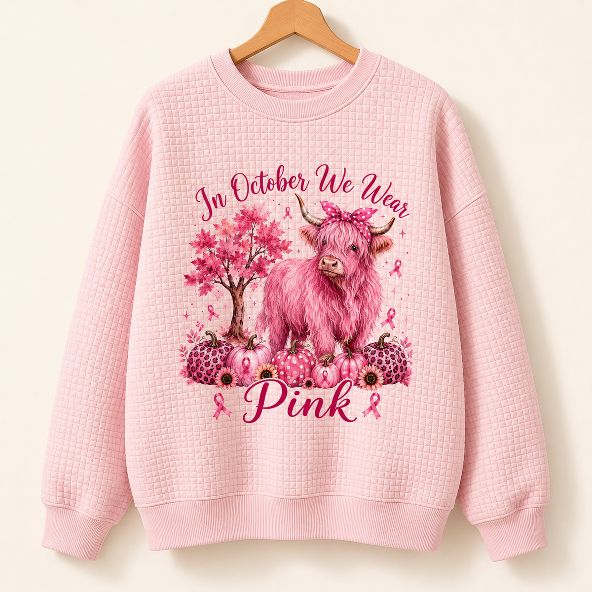 In October We Wear Pink Highland Cow Quilted Sweatshirt