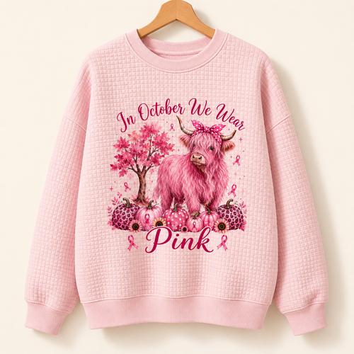 In October We Wear Pink Highland Cow Quilted Sweatshirt